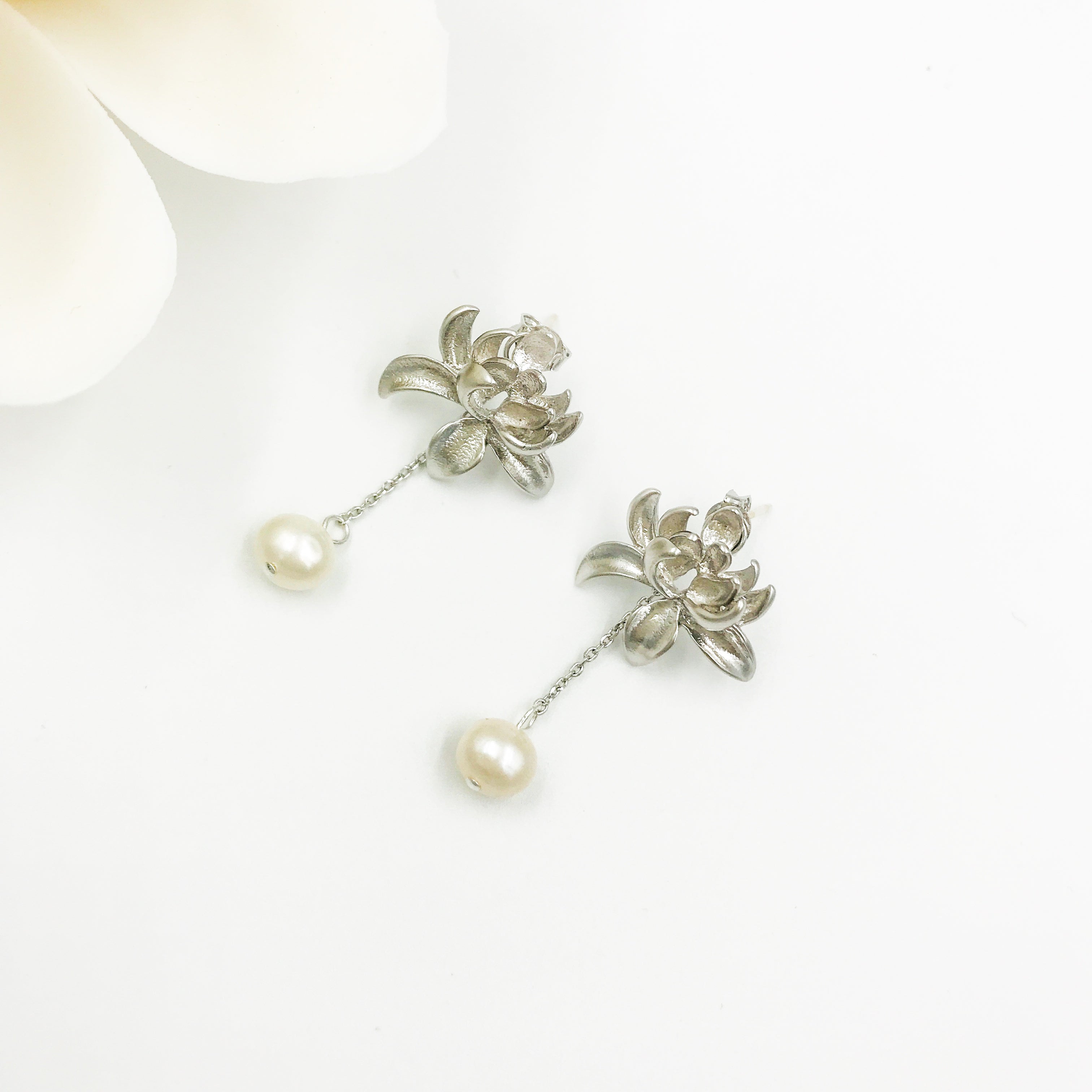 Lotus Pearl Stud Earrings with Sterling Silver Post Silver