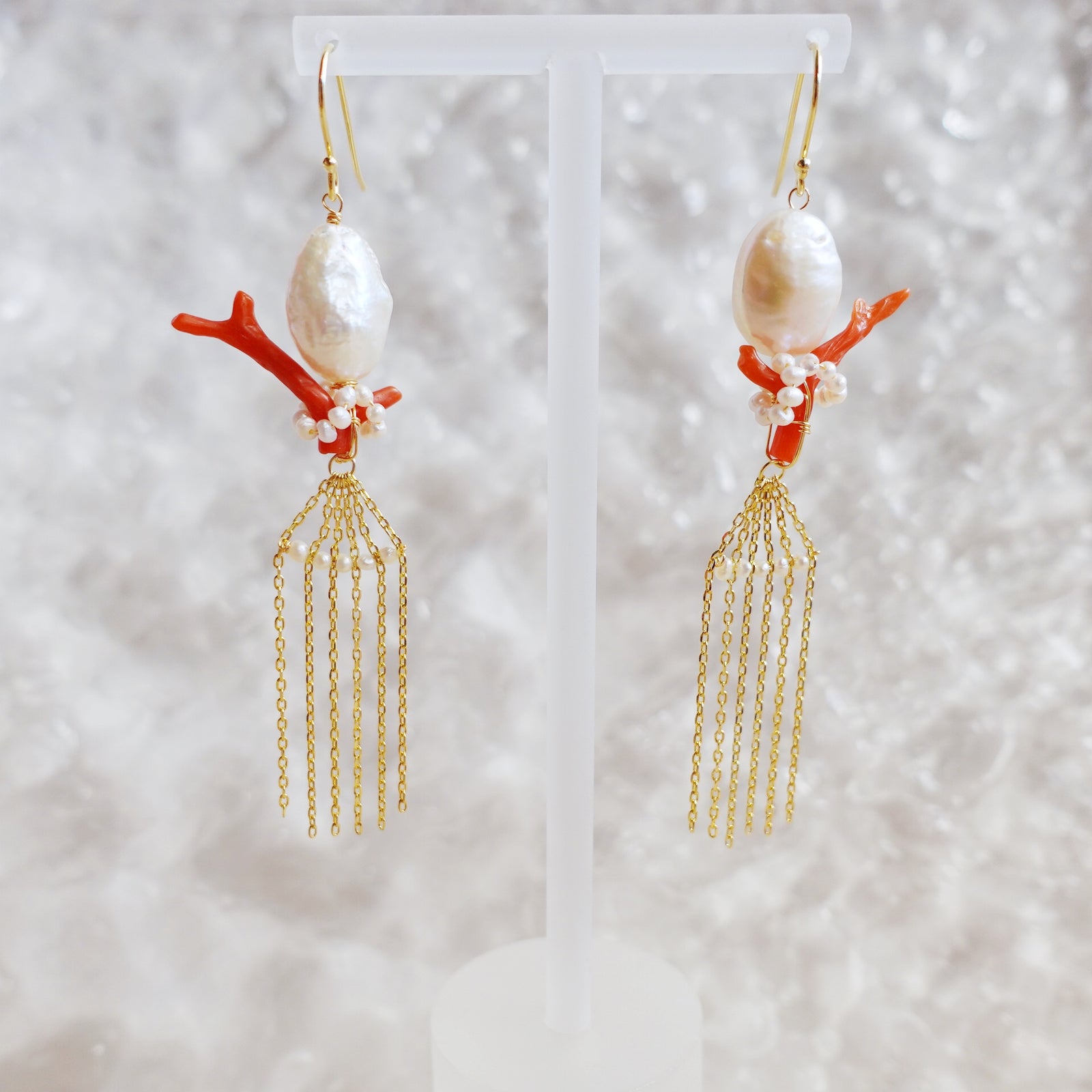 Dragon Princess Red Coral and Pearl Tassel Earrings - Yun Boutique