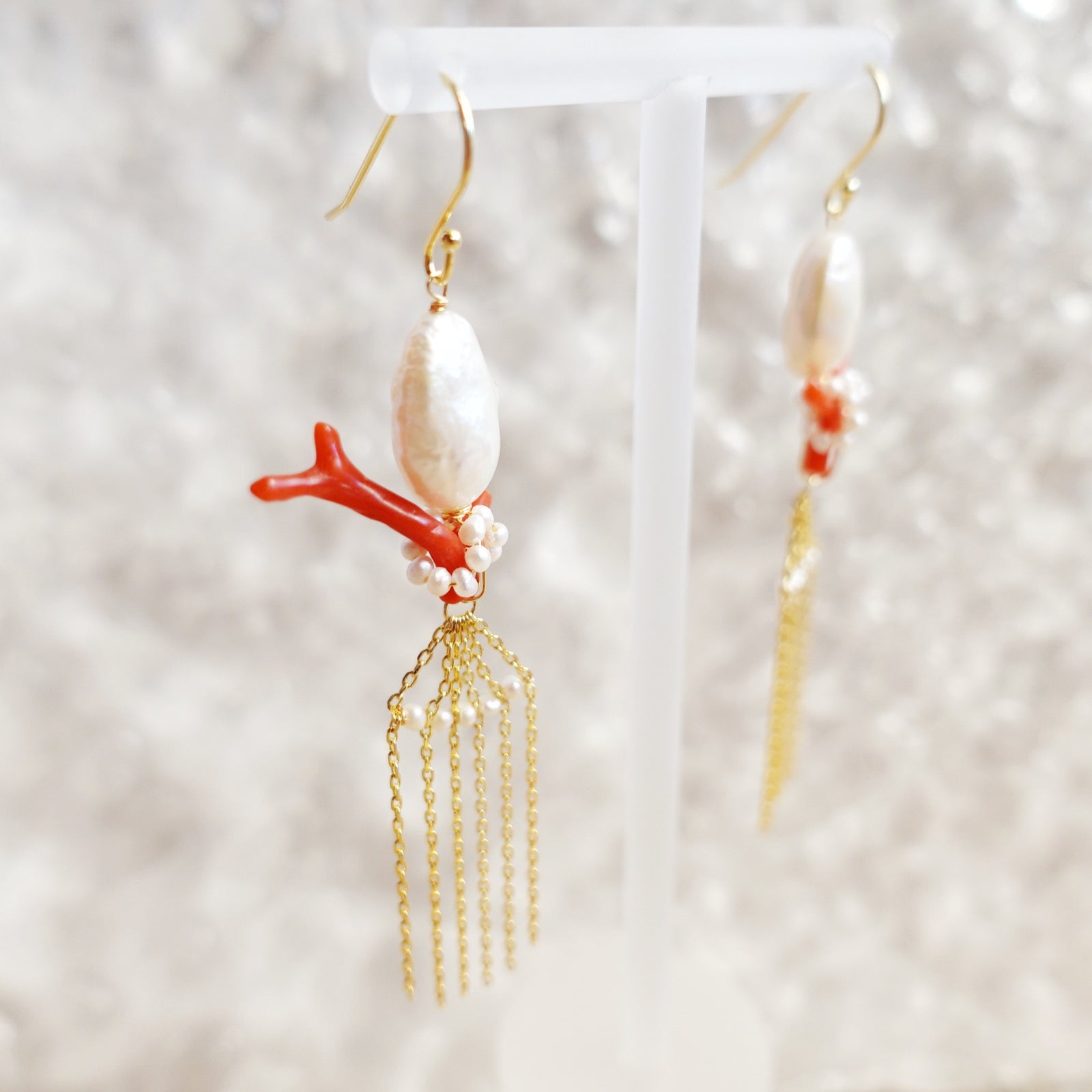 Dragon Princess Red Coral and Pearl Tassel Earrings - Yun Boutique