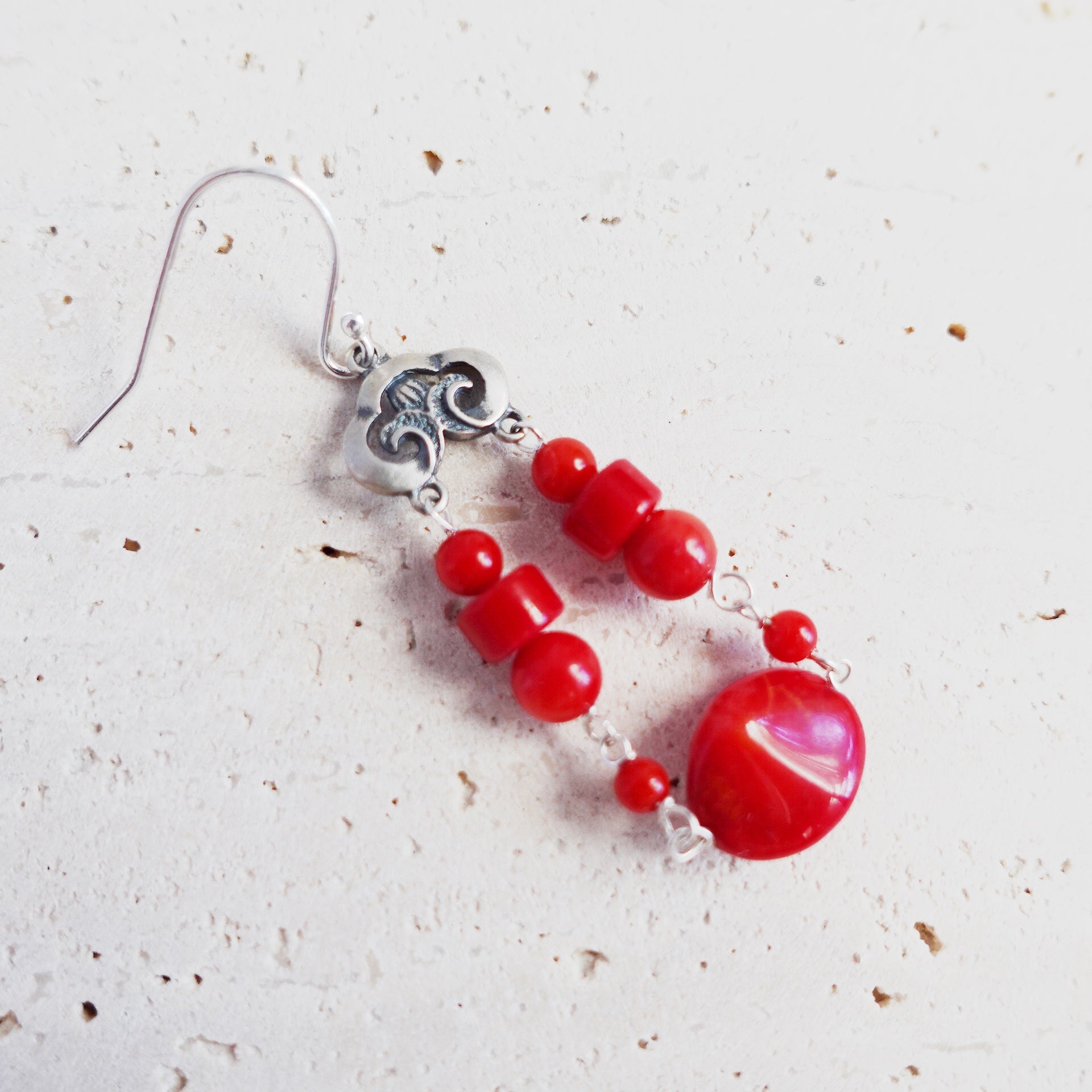 Red coral bead earrings sales
