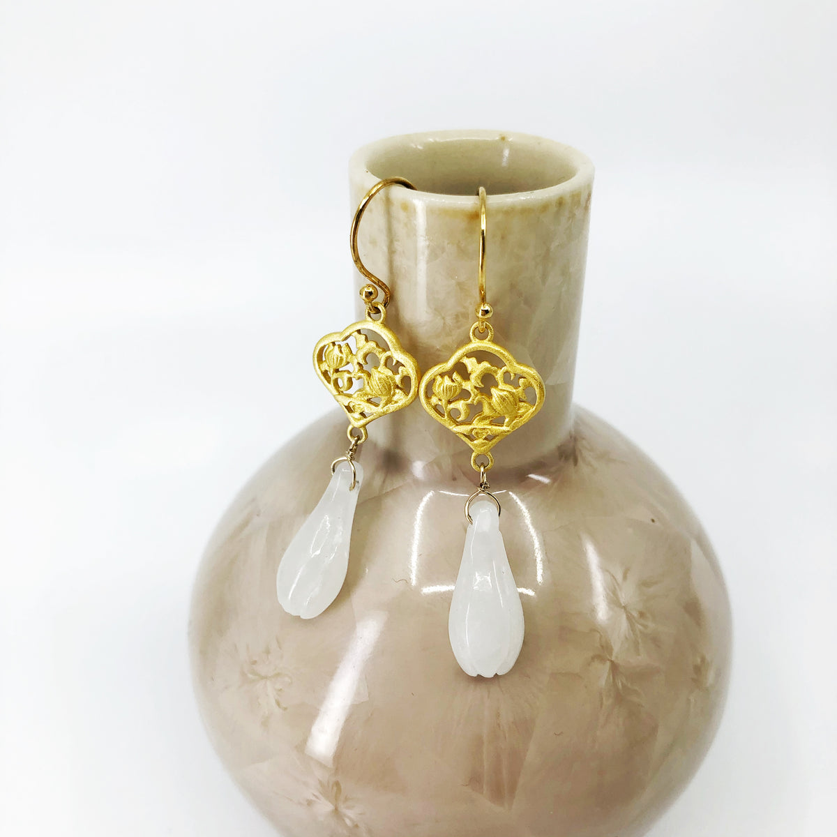 White Jade Orchid Earrings - Yun Boutique